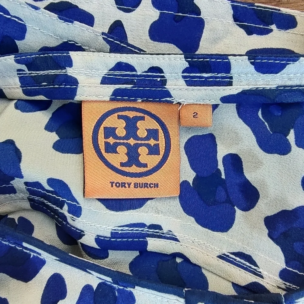 Tory Burch Robin Silk Blue Cheetah Print Long Sleeve Tunic Blouse Women's Size 2
